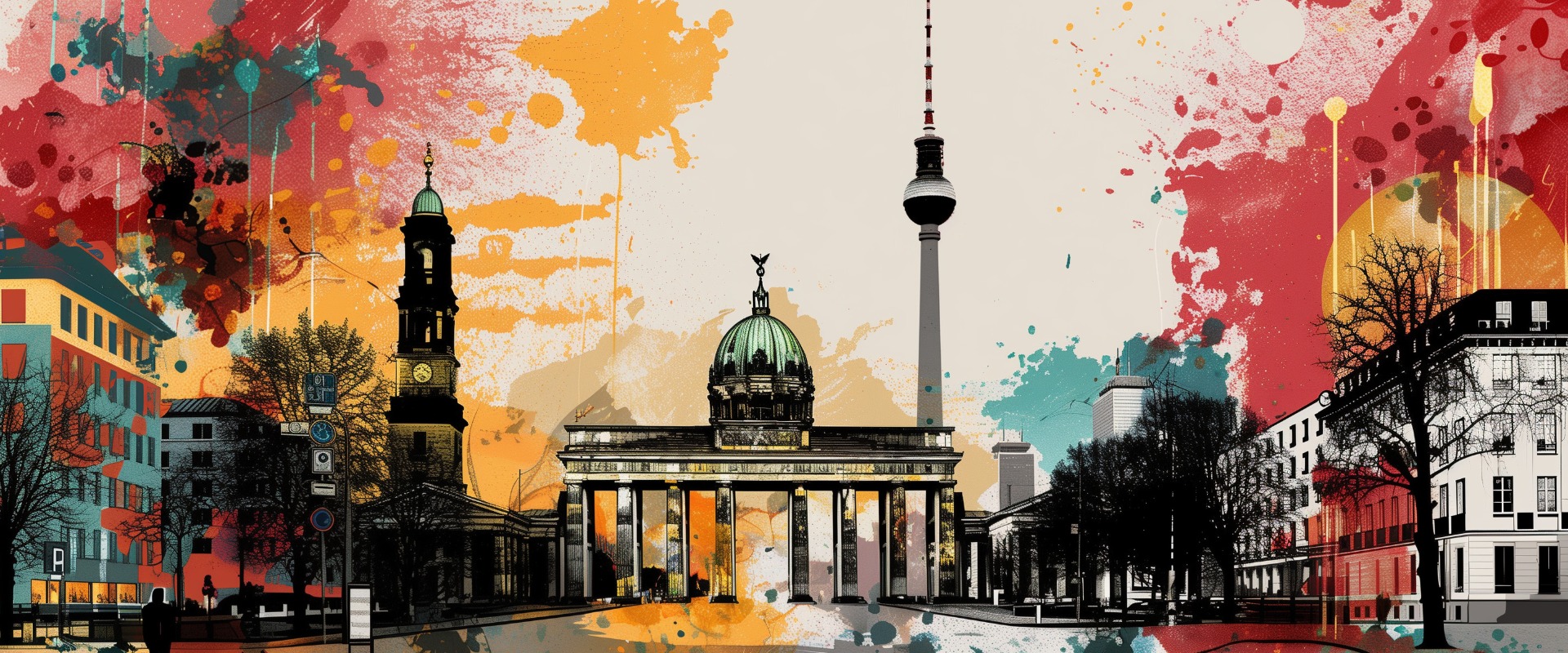 Buntes digitales Kunstwerk mit dem Brandenburger Tor, dem Fernsehturm (Alex) und anderen Sehenswürdigkeiten von Berlin, Deutschland