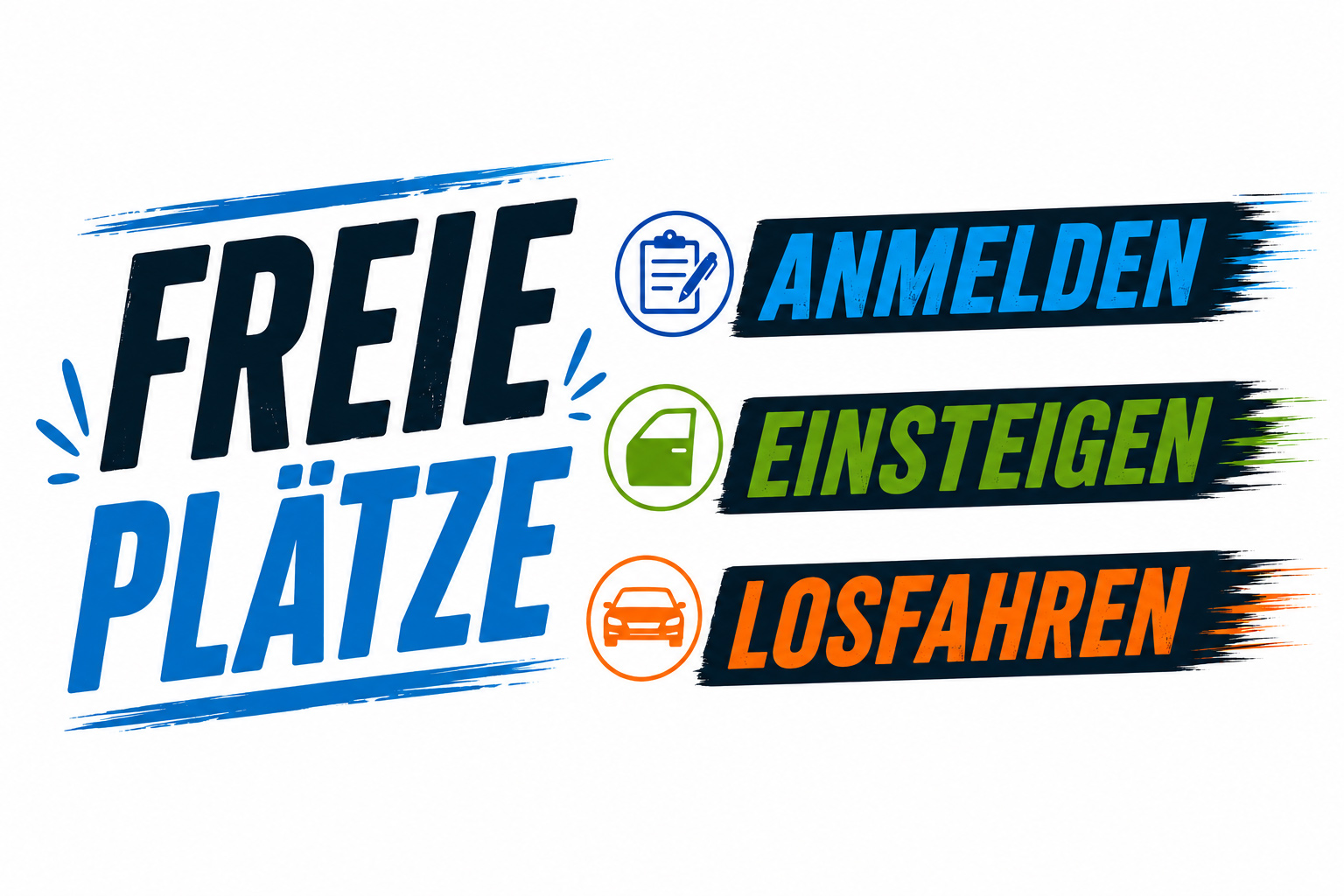 Grafik in Blau zeigt Freie Plaetze mit Anmelden Einsteigen Losfahren