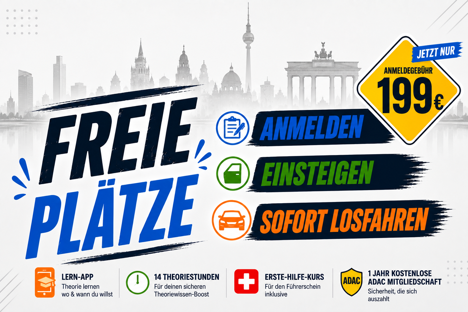 Fahrschul Werbung mit Berliner Skyline und Anmeldegebuehr von 199 Euro