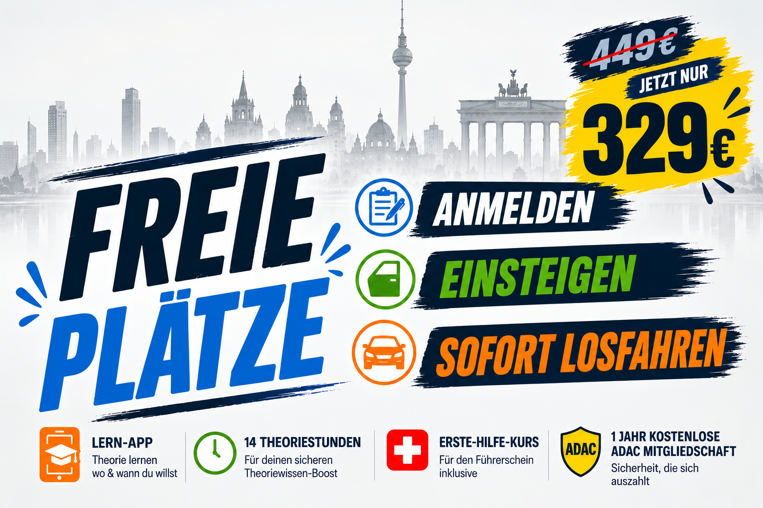 Werbung fuer freie Fahrschulplaetze in Berlin mit Angebotspreis 329 Euro